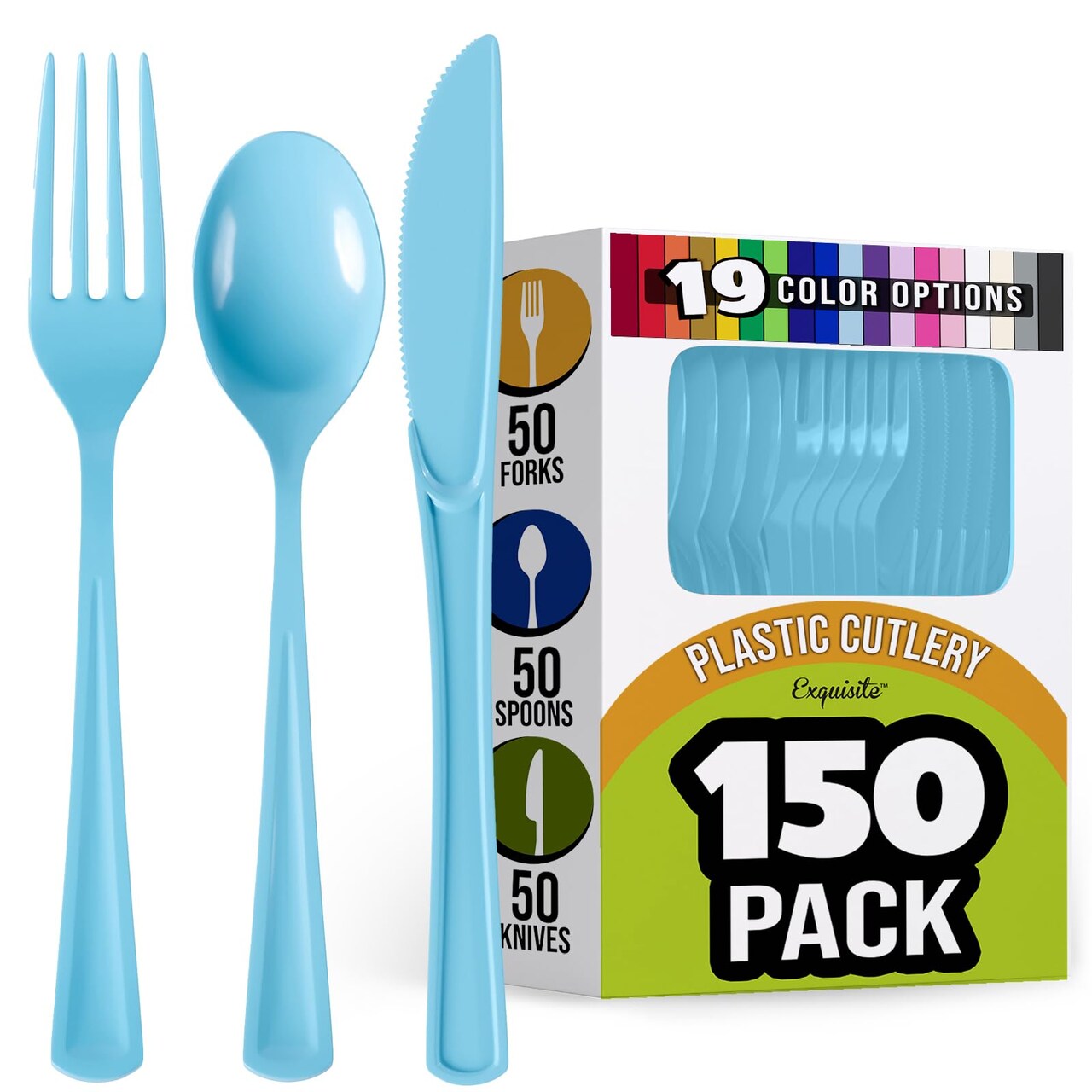 Exquisite Polished Plastic Silverware – 150 Pcs Heavy Duty Cutlery Set – 50 Each of Forks, Knives & Spoons – Disposable Utensil Set for Parties, Events & Catering – Flatware Set by Party Solids
